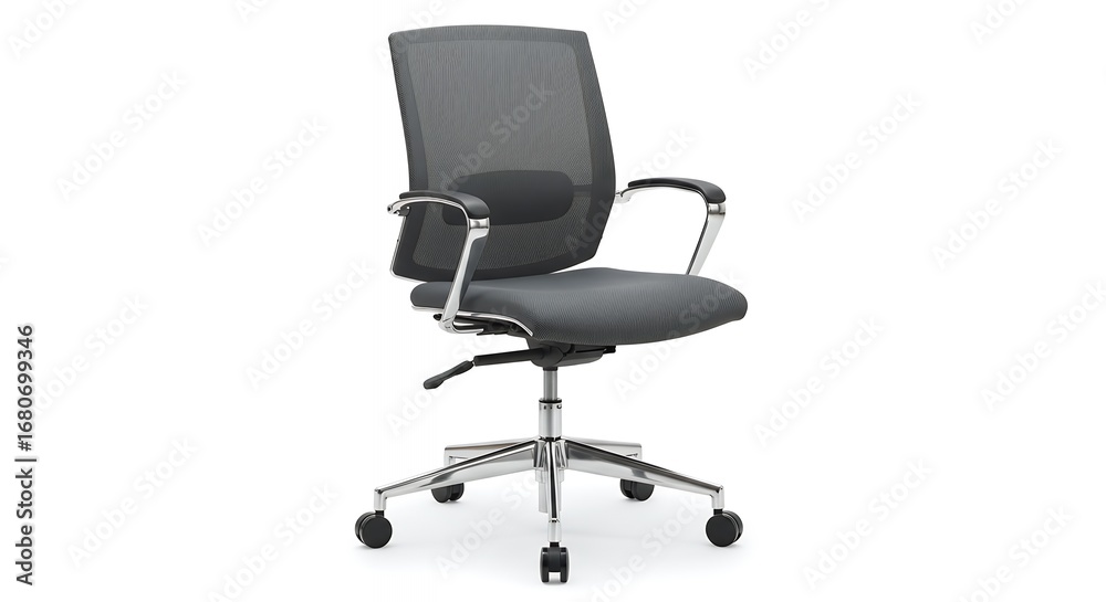 Obraz premium Modern Ergonomic Office Chair with Mesh Back, Chrome Base, and Adjustable Arms on White Background