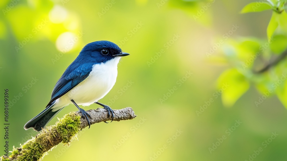 Obraz premium Ultramarine Flycatcher (Superciliaris ficedula) cute blue bird perching on top mossy stick over far blur green background in shaded sun lighting, amazing nature
