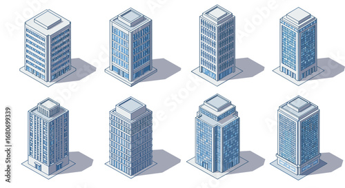 Isometric urban skyscrapers set featuring modern architecture and shadows