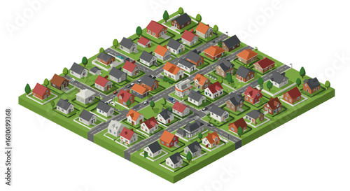 Isometric suburban community with colorful houses and green spaces