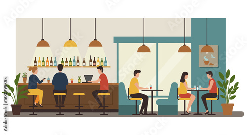 Cozy cafe with people relaxing and socializing in a modern interior setting