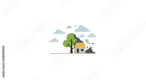 Minimalist country house with tree and clouds on white background
