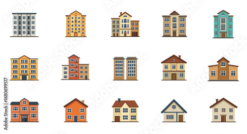 Collection of diverse building icons: modern and traditional architecture