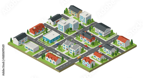 Isometric neighborhood scene with modern buildings and streets