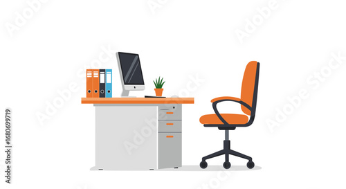 Modern office workspace with computer, chair, and organized desk accessories in flat design