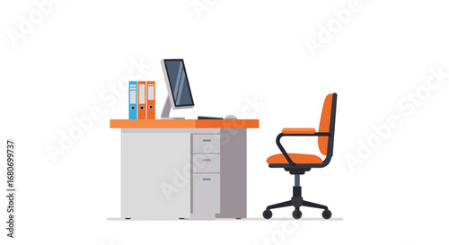 Modern office desk with computer, files, and orange chair on white background