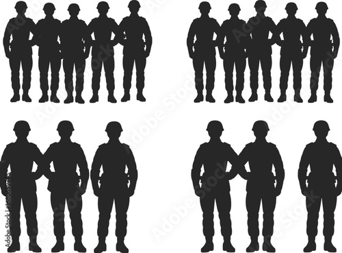 Set of four black silhouette groups of soldiers, army troops standing in formation, military team vector illustration on white background