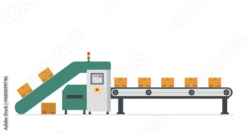 Flat style conveyor belt transporting boxes in a modern factory setting