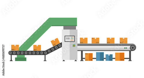 Flat style conveyor belt with cardboard boxes in industrial setting