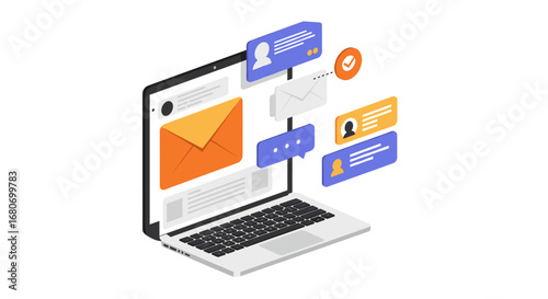 Isometric communication technology with laptop and digital messages for online interaction