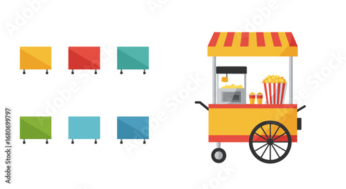 Popcorn cart design with color palette variety for branding and marketing