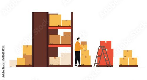 Warehouse storage concept with worker organizing boxes on shelves