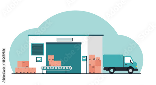 Modern warehouse with delivery truck and conveyor in flat design