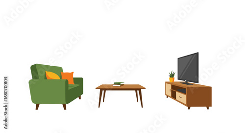 Modern living room setup with green sofa and wooden furniture