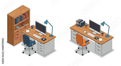 Isometric office workspace with desk, computer, and bookshelves in modern style
