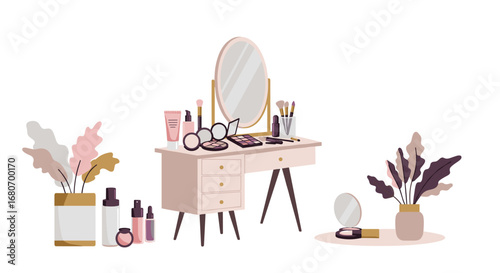 Elegant makeup vanity and beauty essentials in minimalist style