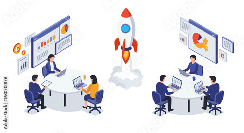 Isometric office teamwork with rocket launch and digital charts