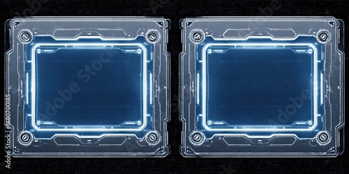 Two identical, square, futuristic, metal display panels, with a glowing, blue border