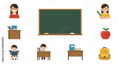 Classroom elements with teachers and students in flat design