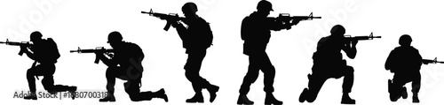 Silhouettes of soldiers aiming rifles in various shooting positions, black and white military illustration, armed troops vector on white background