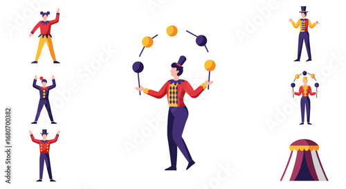 Colorful circus performers and tent design with juggling act in flat style