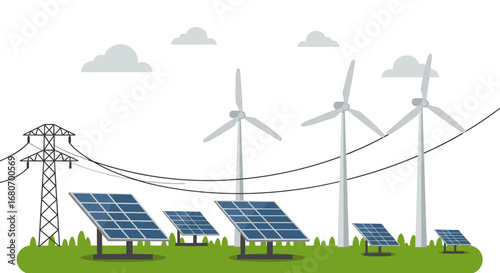 Sustainable energy landscape with solar panels and wind turbines in flat style