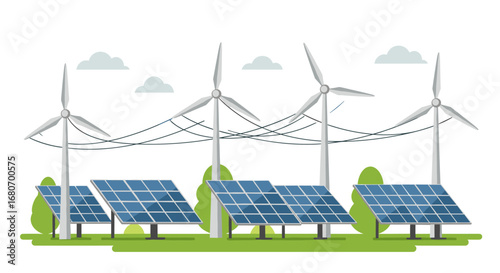 Renewable energy landscape with wind turbines and solar panels in flat design