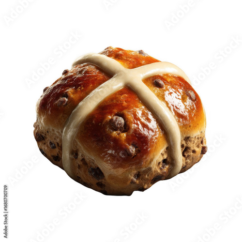 Close-up of a freshly baked hot cross bun with raisins and a glossy glaze on black background
