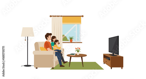 Family relaxing on couch watching tv in cozy living room setting