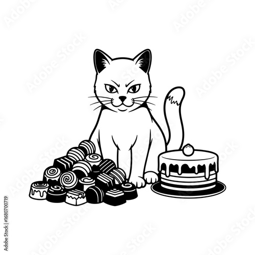 A cat artwork adorns a dessert table with a bunch of chocolates and a cake—ideal for use in advertising, greeting cards, festival designs, and online content.