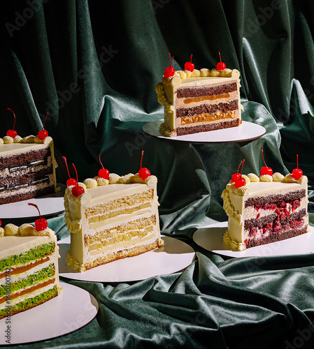 Layers of vibrant cakes in various flavors are neatly arranged on circular bases