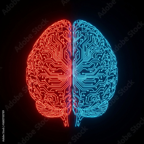 Artificial Intelligence Split Brain — 3D Digital Brain with Red and blue Circuits, Neural Network Technology Concept