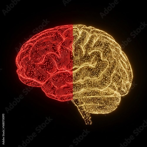 Artificial Intelligence concept of a digital brain with glowing red and yellow hemispheres, symbolizing the fusion of logic, creativity, and complex data processing on a neural network. Generative AI.