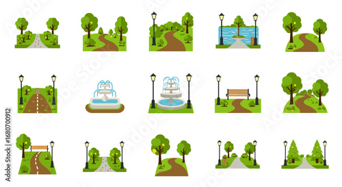 Beautiful park landscapes and scenic pathways in flat design