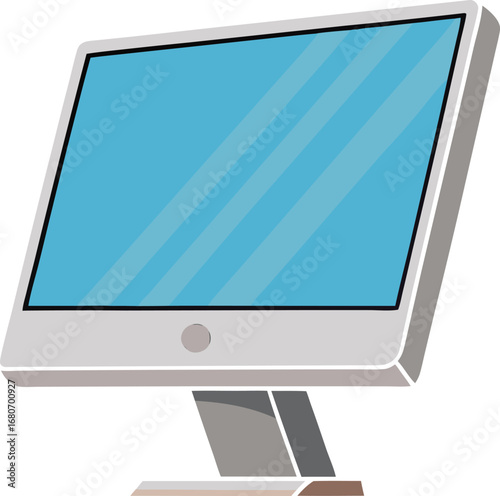 Modern flat screen computer monitor displaying a bright blue screen with a stand