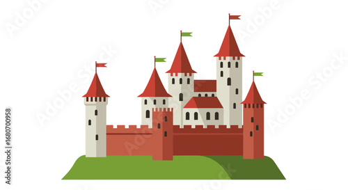 Medieval castle with red towers and flags on green hill in flat illustration style