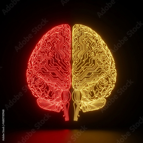 Artificial Intelligence concept of a digital brain with glowing red and gold hemispheres, symbolizing the fusion of logic, creativity, and complex data processing on a neural network. Generative AI.