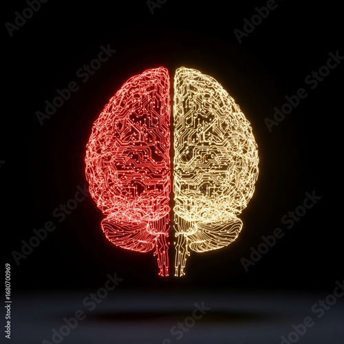 Artificial Intelligence concept of a digital brain with glowing red and gold hemispheres, symbolizing the fusion of logic, creativity, and complex data processing on a neural network. Generative AI.