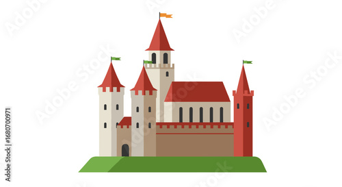 Medieval castle with red towers on green hill in flat design