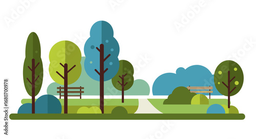 Colorful flat design park scenery featuring trees and benches