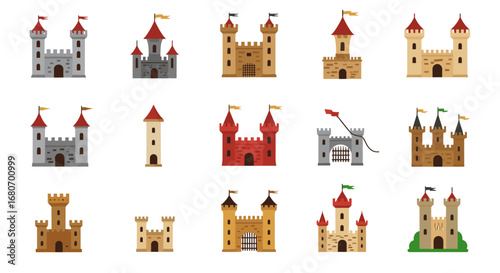 Colorful medieval castles in flat design with decorative towers and flags