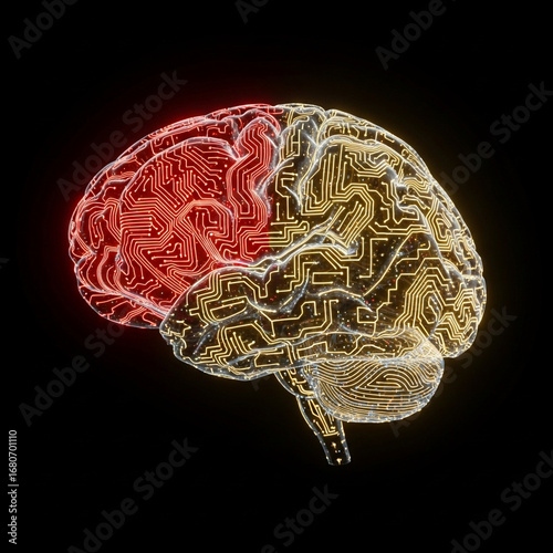Artificial Intelligence concept of a digital brain with glowing red and gold hemispheres, symbolizing the fusion of logic, creativity, and complex data processing on a neural network. Generative AI.