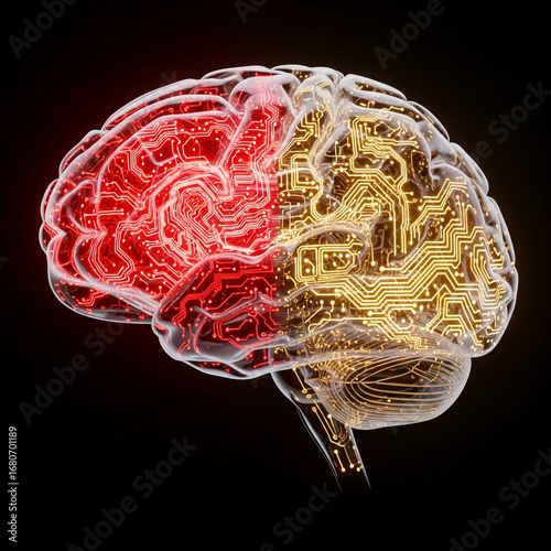Artificial Intelligence concept of a digital brain with glowing red and gold hemispheres, symbolizing the fusion of logic, creativity, and complex data processing on a neural network. Generative AI.