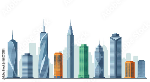 Modern city skyline with tall buildings and skyscrapers in flat design