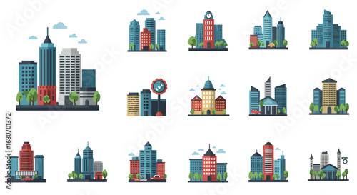 Flat style urban building collection with diverse architectural designs