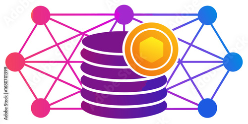 Gradient network with connected nodes and a purple stack with a yellow coin overlayed on it