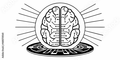 Stylized brain with circuit board design on a patterned platform with radiating lines illustration