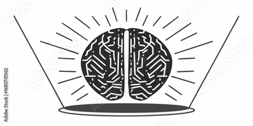 Stylized brain with circuit patterns illuminated by rays and spotlight in monochrome design art