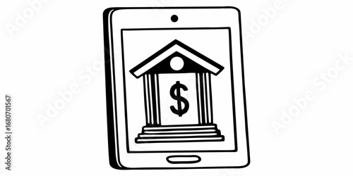 Illustration of a tablet displaying a bank building with a dollar sign inside it online banking app