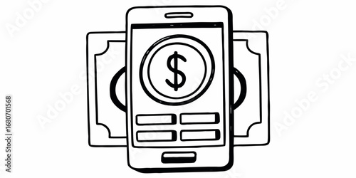 An illustration depicting a mobile phone with a dollar sign and currency notes on either side around it